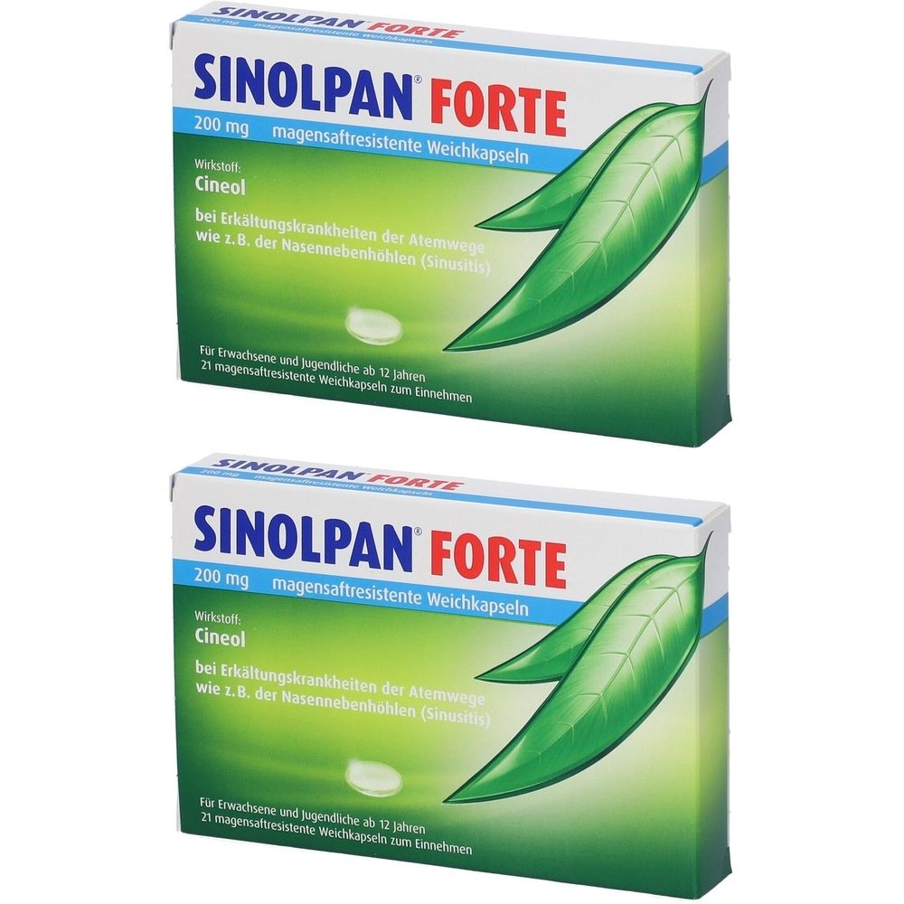 Zwei Schachteln SINOLPAN FORTE. Aufdruck: 200 mg, magensaftresistente Weichkapseln. Grün-weißes Design mit Blättern. Text in deutscher Sprache.