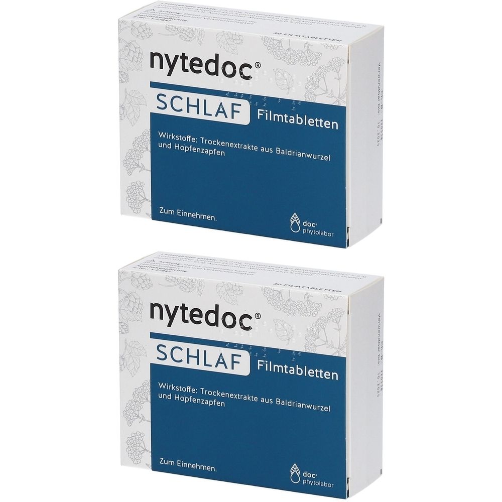 Zwei Schachteln mit der Aufschrift "nytedoc SCHLAF Filmtabletten". Blaue Schrift auf weißem Hintergrund. Enthält Baldrianwurzel und Hopfen.