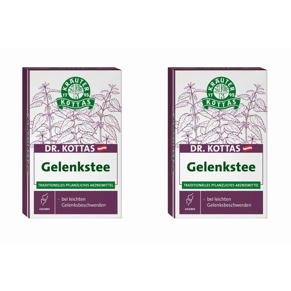 Zwei rechteckige Kartons mit dem Logo von DR. KOTTAS. Aufschrift: Gelenkstee. Traditionelles pflanzliches Arzneimittel. Bei leichten Gelenkbeschwerden.