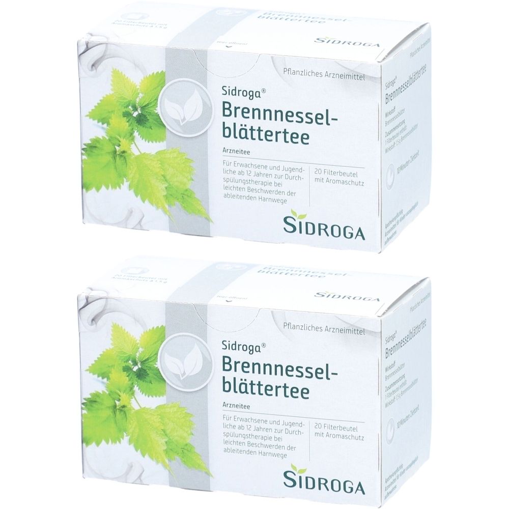 Zwei weiße Kartons mit Sidroga Brennnesselblättertee. Aufdruck mit Produktname, Logo und grüner Pflanzenabbildung.