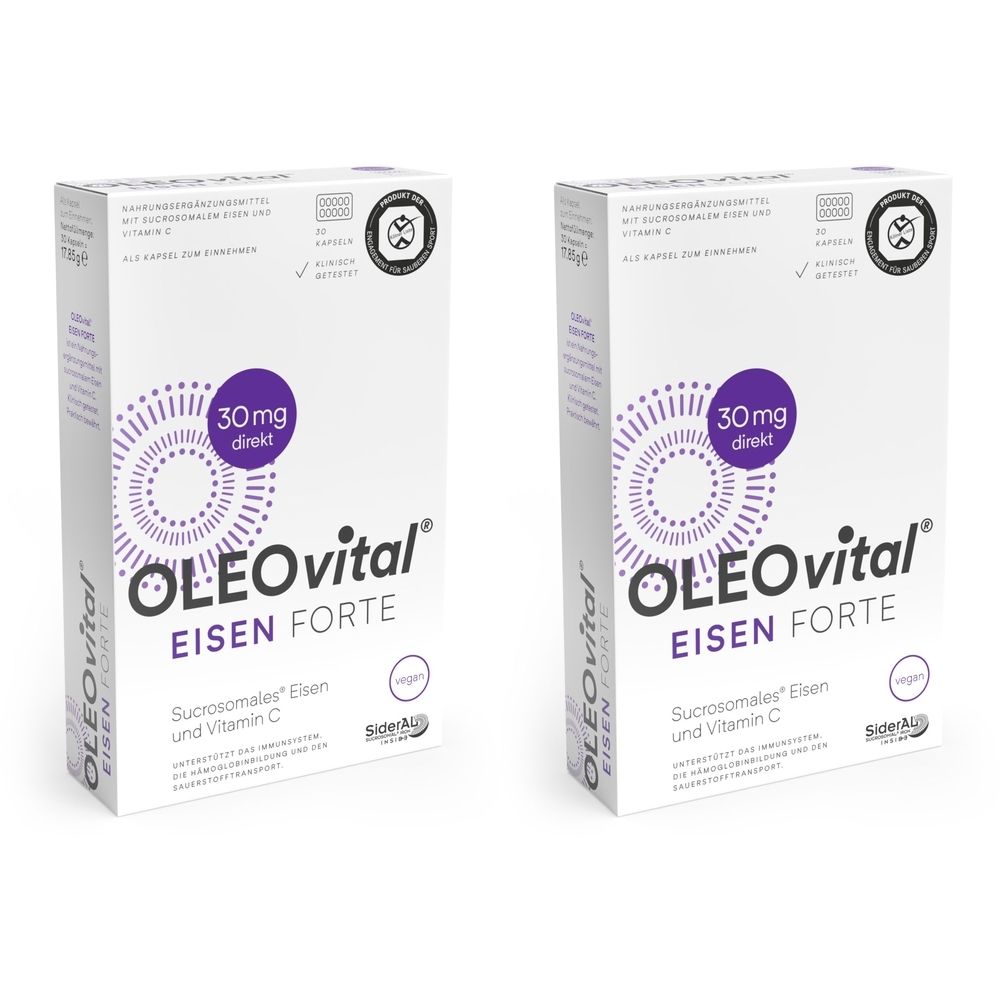 Zwei weiße Kartons mit lila Akzenten. Aufdruck: OLEOvital Eisen Forte, 30mg direkt. Vegan-Siegel. Sucrosomales Eisen und Vitamin C.
