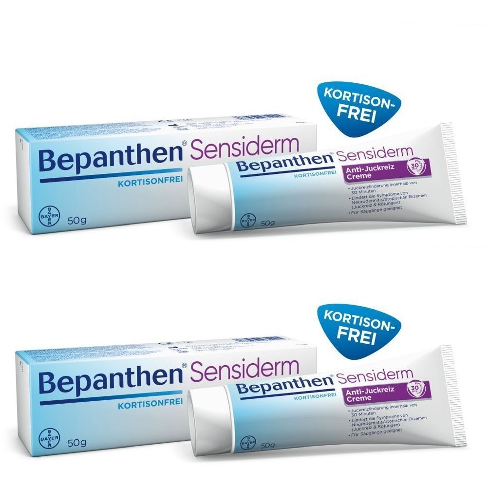 Zwei Tuben und eine Schachtel Bepanthen Sensiderm Creme. Aufschrift: Kortisonfrei, Anti-Juckreiz Creme.