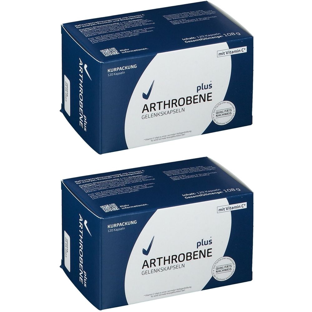 Zwei blaue Kartons mit der Aufschrift Arthrobene plus Gelenkskapseln. Aufschrift: Kurpackung, 120 Kapseln, mit Vitamin C.