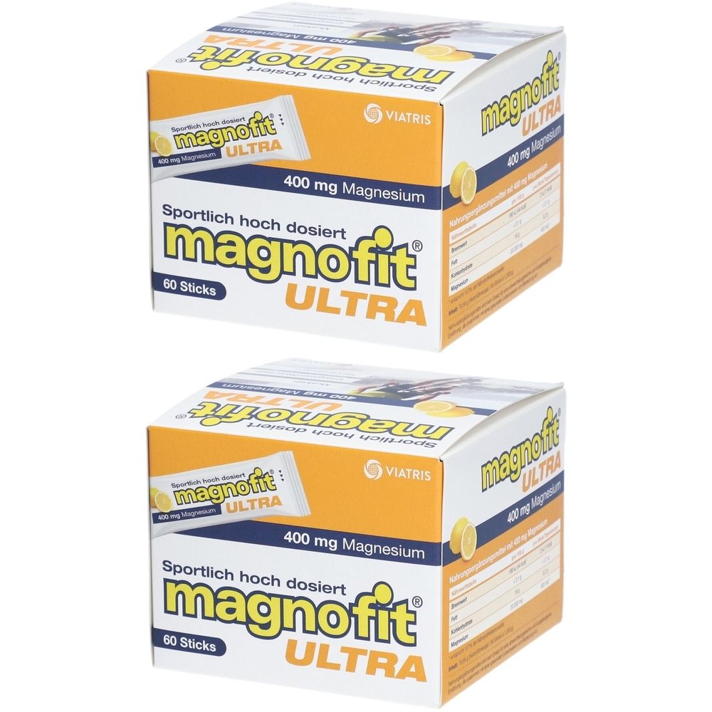 Zwei Kartons magnofit® ULTRA. Aufdruck: 400 mg Magnesium, 60 Sticks. Gelb-weiße Verpackung mit Produktnamen und Logo.