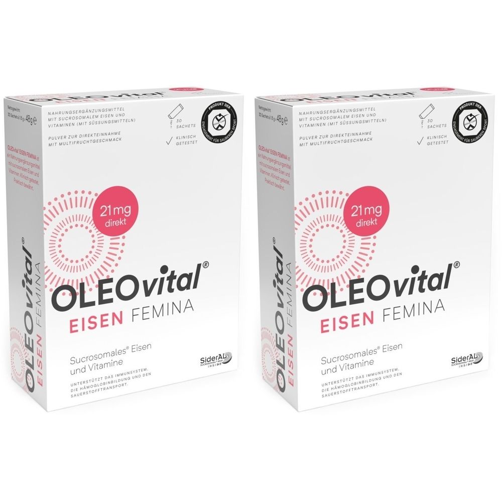 Zwei weiße Kartons mit der Aufschrift OLEOvital EISEN FEMINA. Aufdruck: 21mg direkt. Sucrosomales Eisen und Vitamine.
