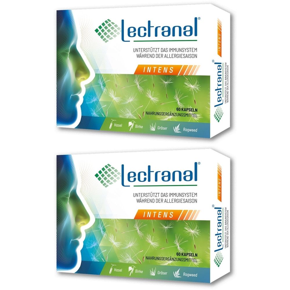Zwei Schachteln Lectranal Intens. Aufschrift: Unterstützt das Immunsystem während der Allergiesaison. Enthält 60 Kapseln.