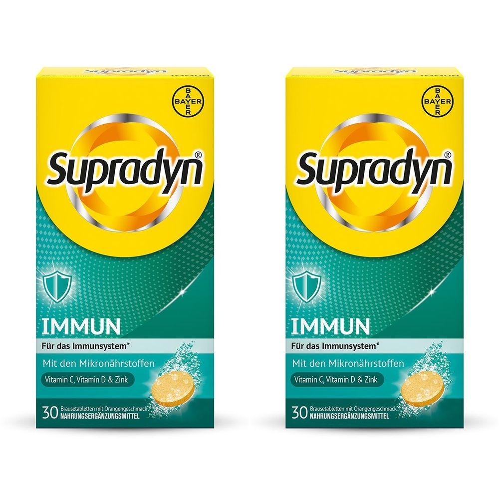 Zwei Packungen Supradyn IMMUN Brausetabletten. Gelbe Verpackung mit Logo und Produktinformationen. Enthält Vitamin C, D & Zink. 30 Tabletten.