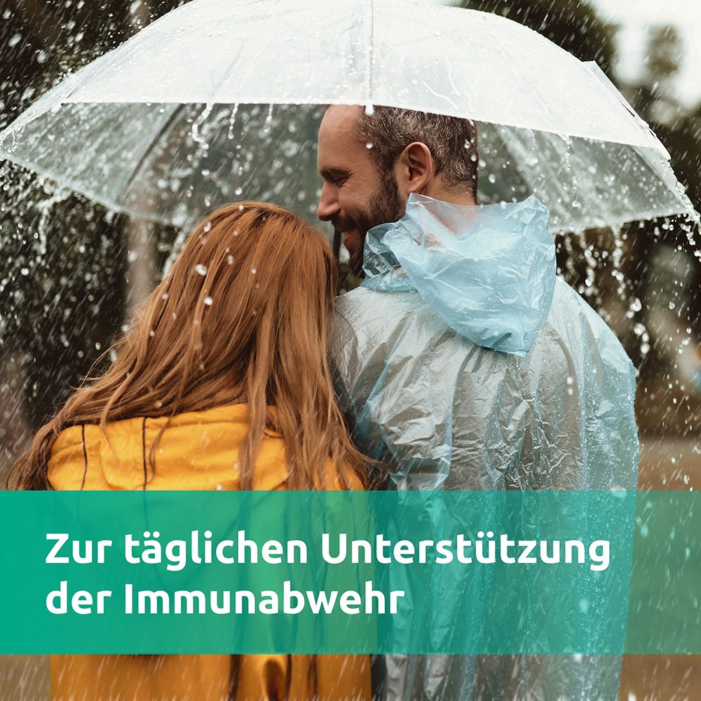 Paar unter einem Regenschirm im Regen. Text: Zur täglichen Unterstützung der Immunabwehr.