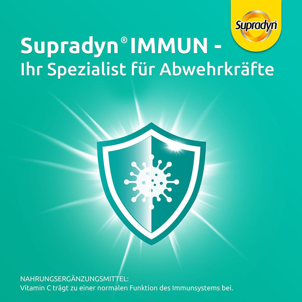Schild mit Logo Supradyn IMMUN. Text: Ihr Spezialist für Abwehrkräfte. Nahrungsergänzungsmittel.
