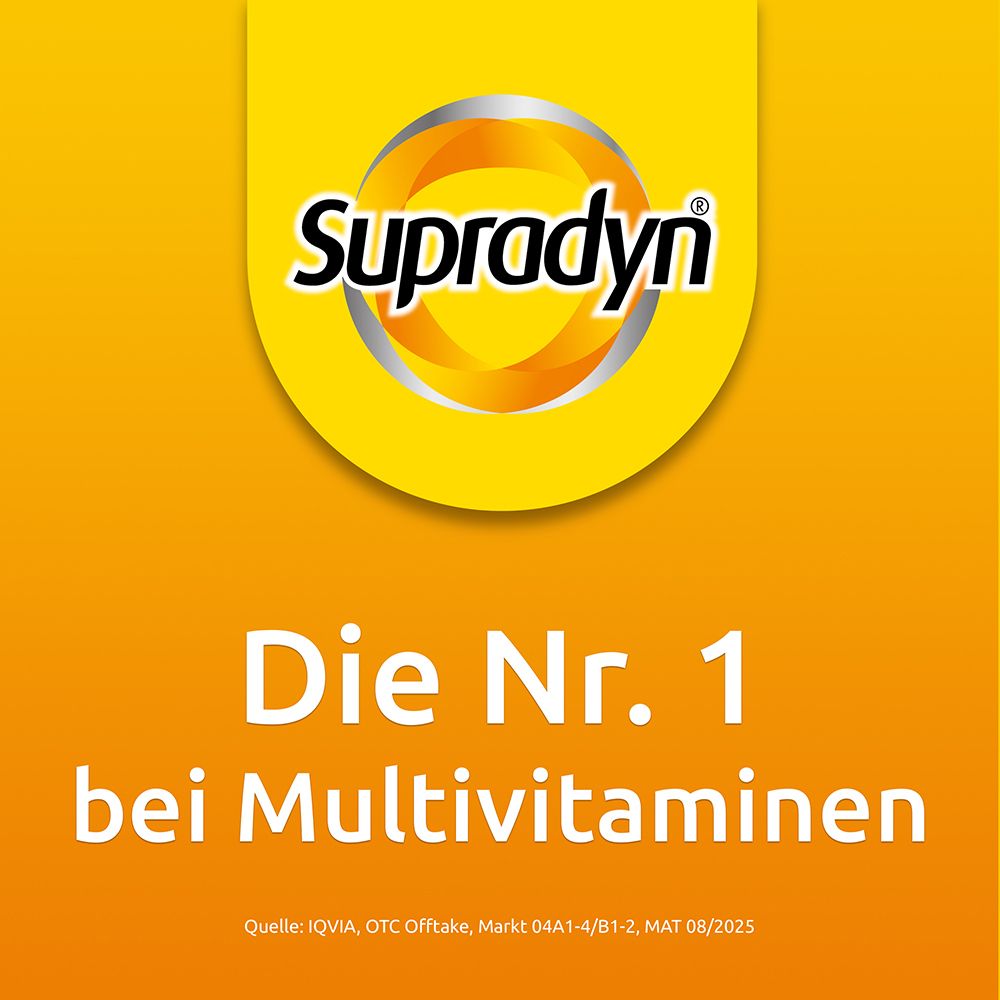 Gelber Hintergrund mit Supradyn Logo. Text: Die Nr. 1 bei Multivitaminen.