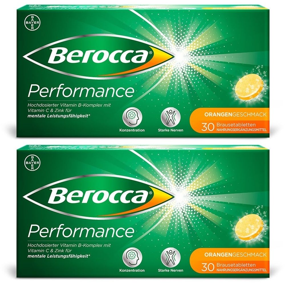 Zwei grüne Schachteln mit "Berocca Performance". Enthält 30 Brausetabletten mit Orangengeschmack. Enthält Vitamin B, C und Zink.