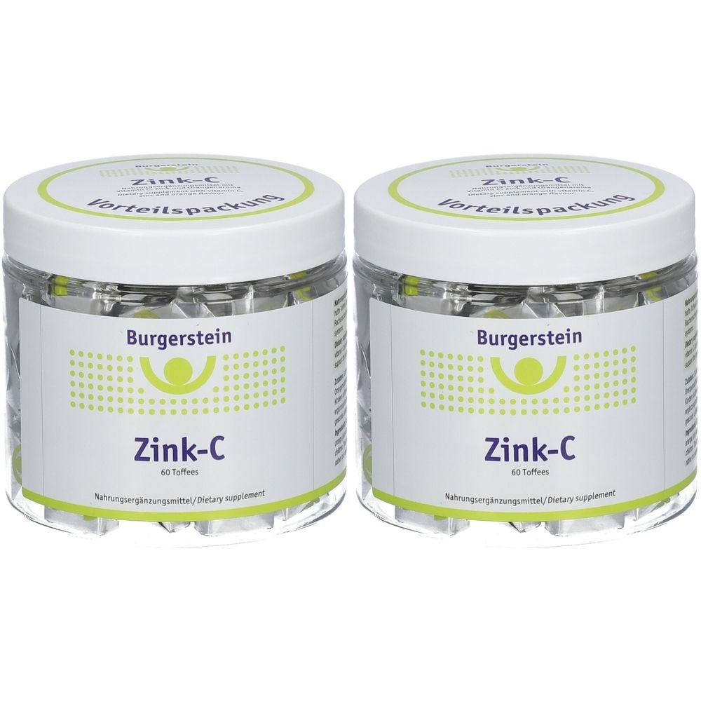 Zwei transparente Behälter mit weißen Deckeln. Auf den Etiketten steht "Burgerstein Zink-C".