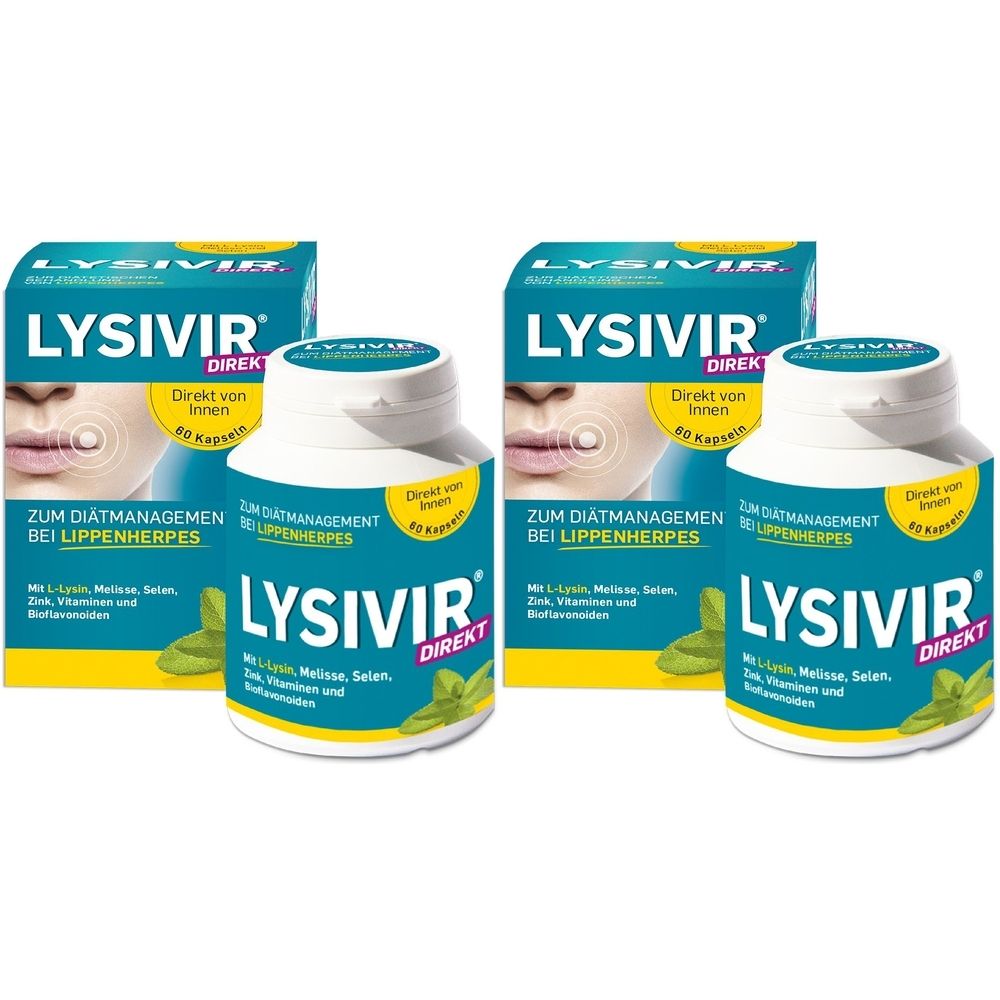 Zwei Packungen und zwei Flaschen LYSIVIR DIREKT. Auf den Packungen und Flaschen steht der Name LYSIVIR DIREKT. Auf den Packungen ist ein Mund abgebildet.