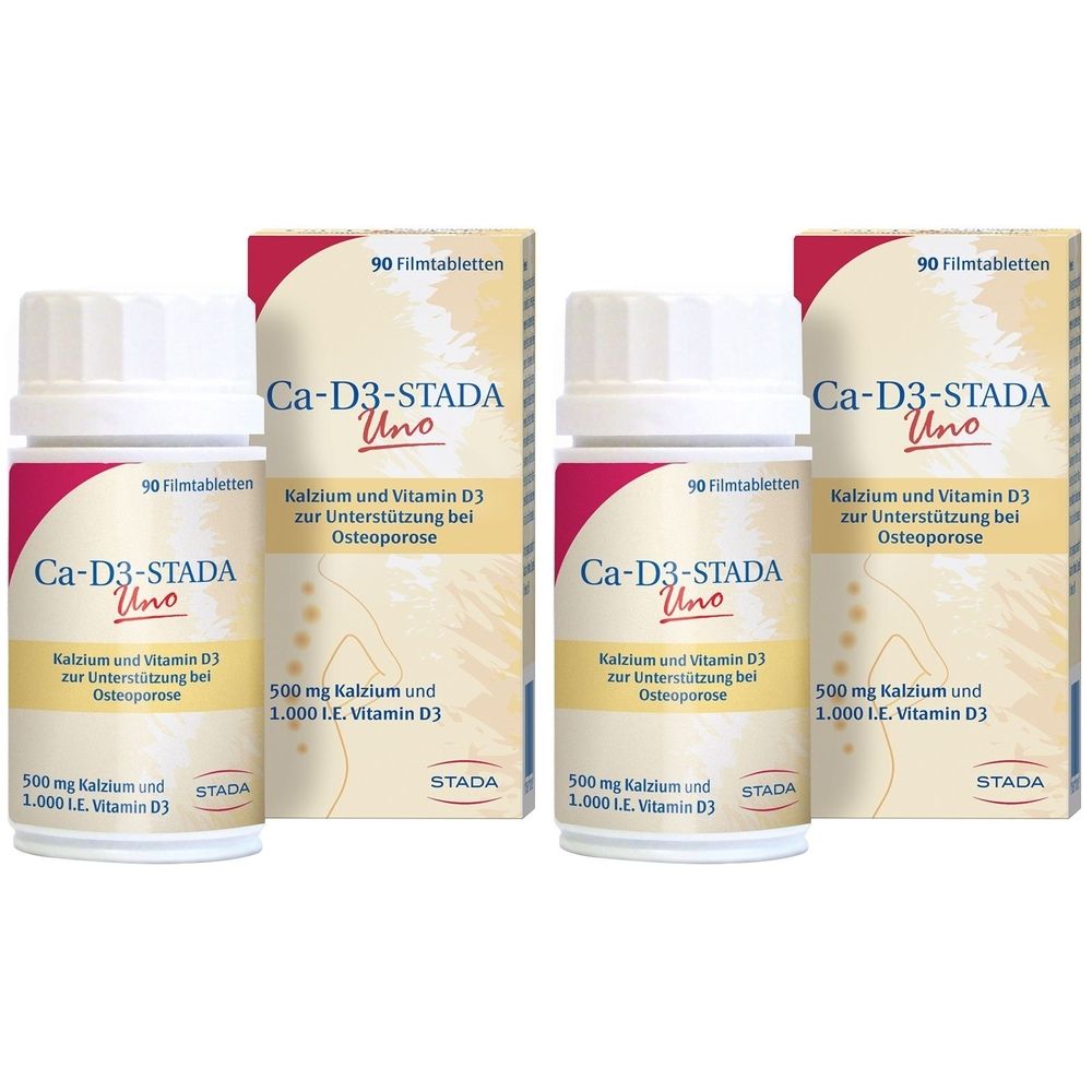 Mehrere Packungen Ca-D3-STADA Uno. Jede Packung enthält Tabletten und ist mit Informationen beschriftet. Die Marke STADA ist sichtbar.