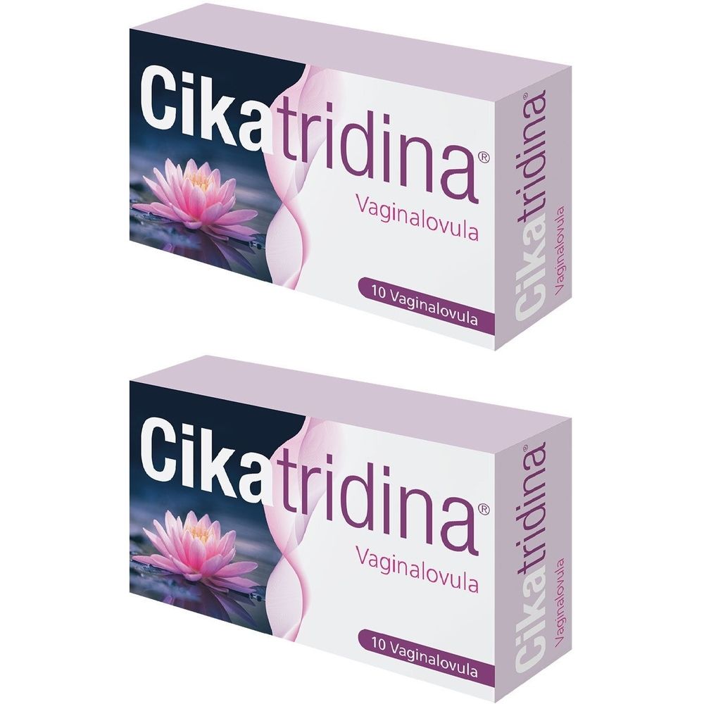 Zwei Packungen Cikatridina Vaginalovula. Aufdruck: 10 Vaginalovula. Lilafarbene Verpackung mit Logo und floralem Motiv.