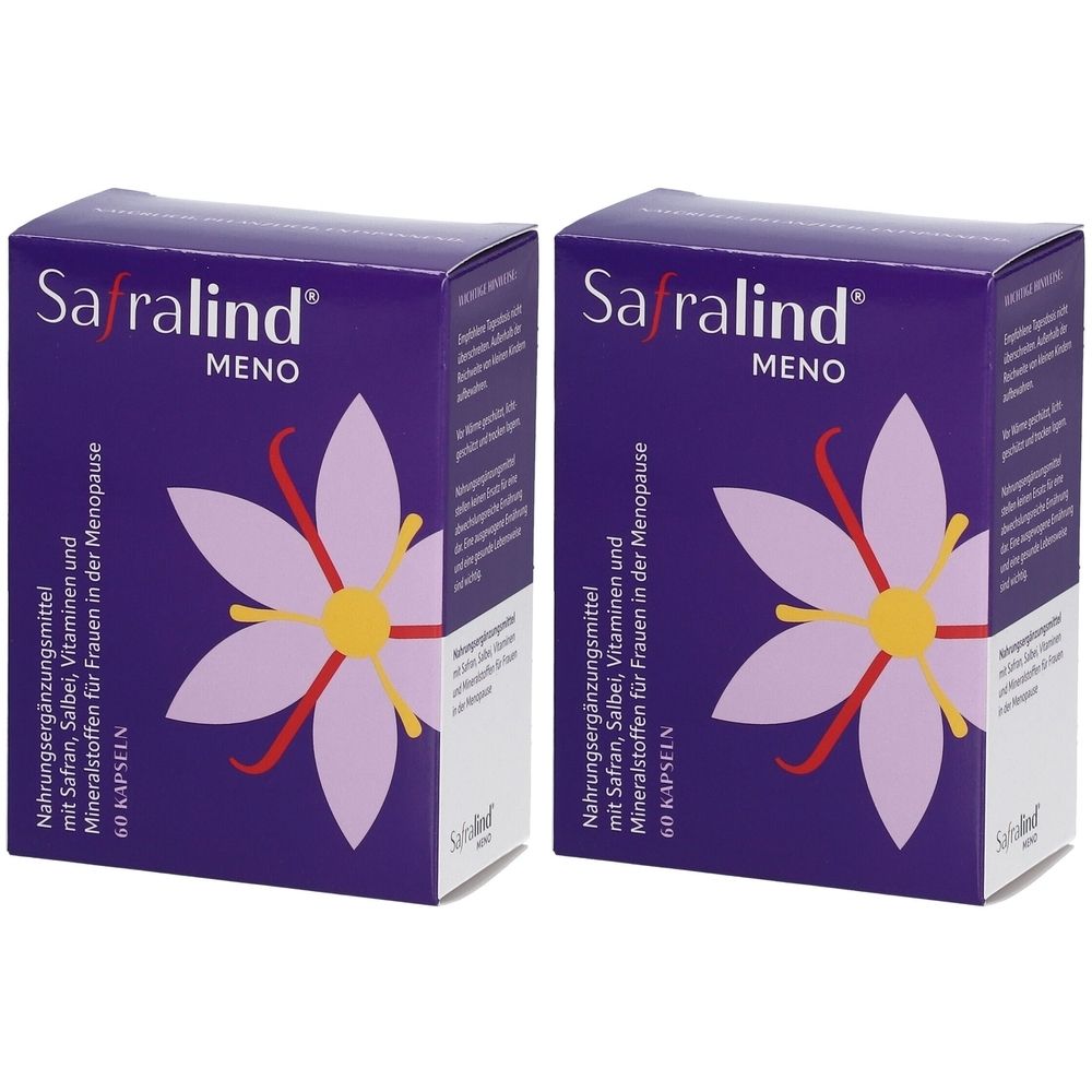 Zwei lila Schachteln mit dem Produktnamen Safralind MENO. Aufdruck: Nahrungsergänzungsmittel für Frauen in der Menopause. Abbildung einer Blüte.