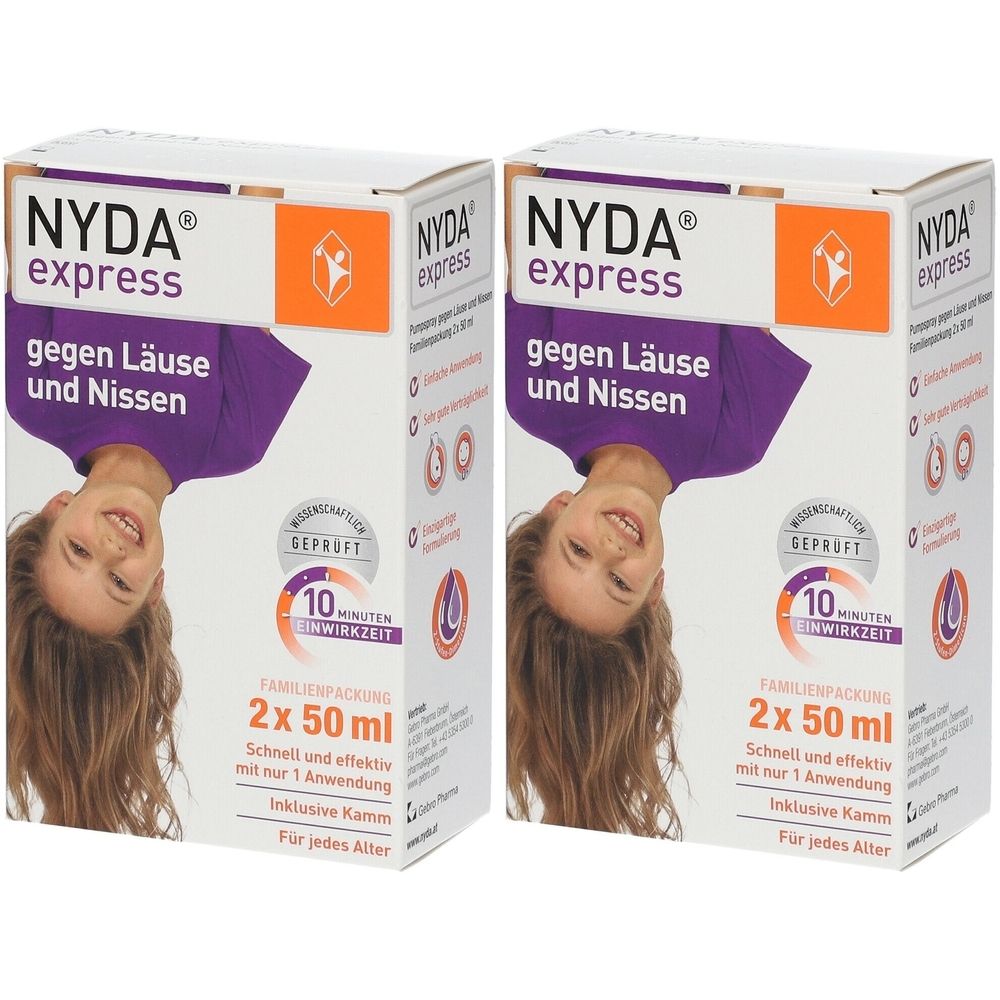Zwei Kartons NYDA® express. Aufdruck: gegen Läuse und Nissen, 2x50 ml, inklusive Kamm. Aufdruck: 10 Minuten Einwirkzeit.