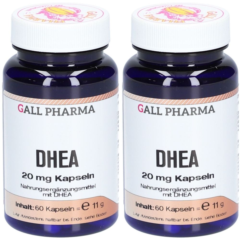 Zwei Flaschen GALL PHARMA DHEA 20 mg Kapseln. Blaue Flaschen mit weißem Deckel und Etikett. Aufschrift: DHEA, 20 mg, 60 Kapseln.