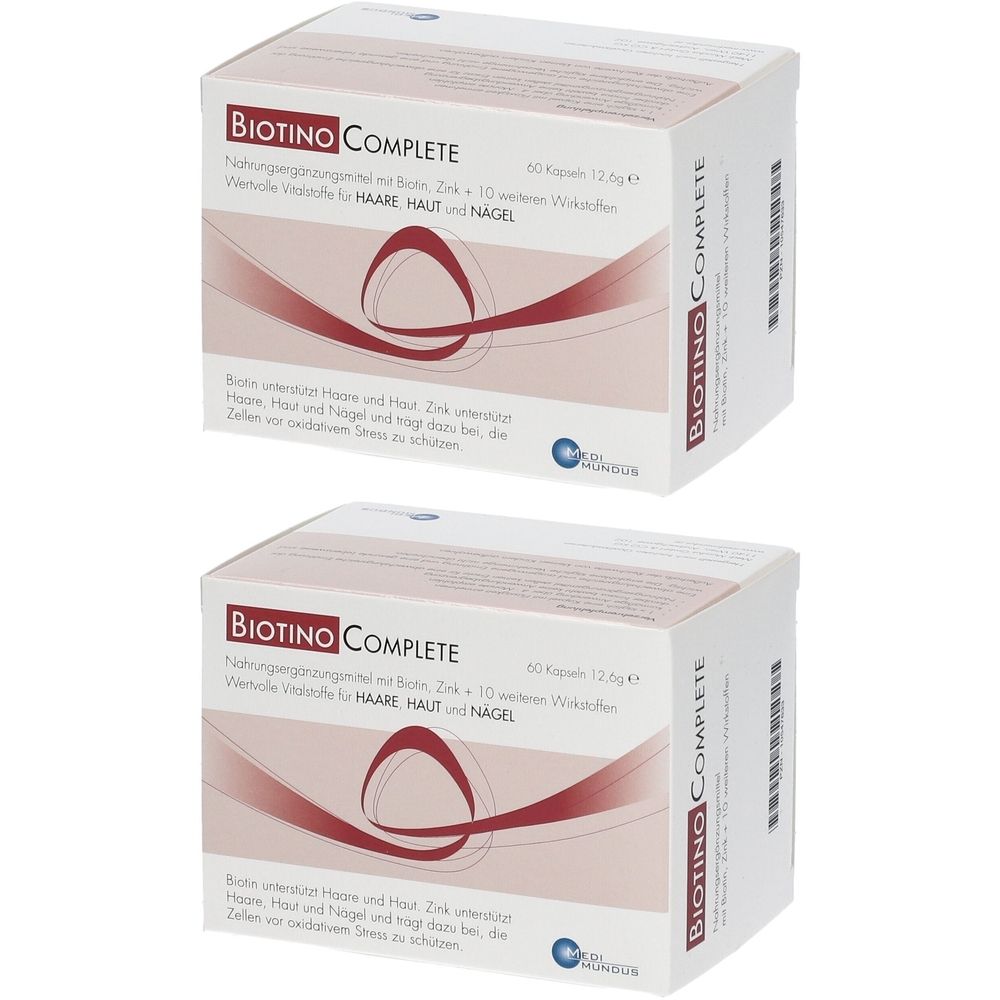 Zwei weiße Kartons mit der Aufschrift BIOTINO COMPLETE. Rote Grafik mit Text für Haare, Haut und Nägel. 60 Kapseln.