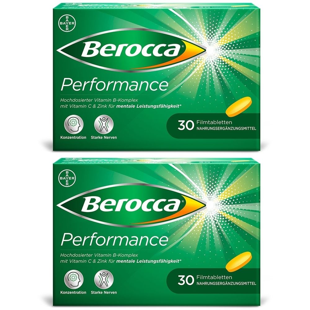 Zwei grüne Schachteln mit "Berocca Performance"-Aufdruck. Enthält 30 Filmtabletten. Aufdrucke: Konzentration, starke Nerven.