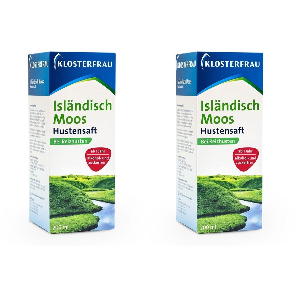 Zwei Kartons KLOSTERFRAU Isländisch Moos Hustensaft. Blaue und weiße Verpackung mit Produktnamen und Landschaftsbild.