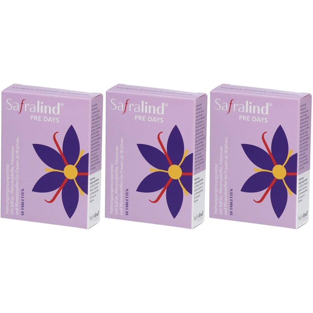 Drei lilafarbene Schachteln mit dem Aufdruck "Safralind PRE DAYS". Jede Schachtel zeigt eine lila Blume mit gelbem Zentrum.