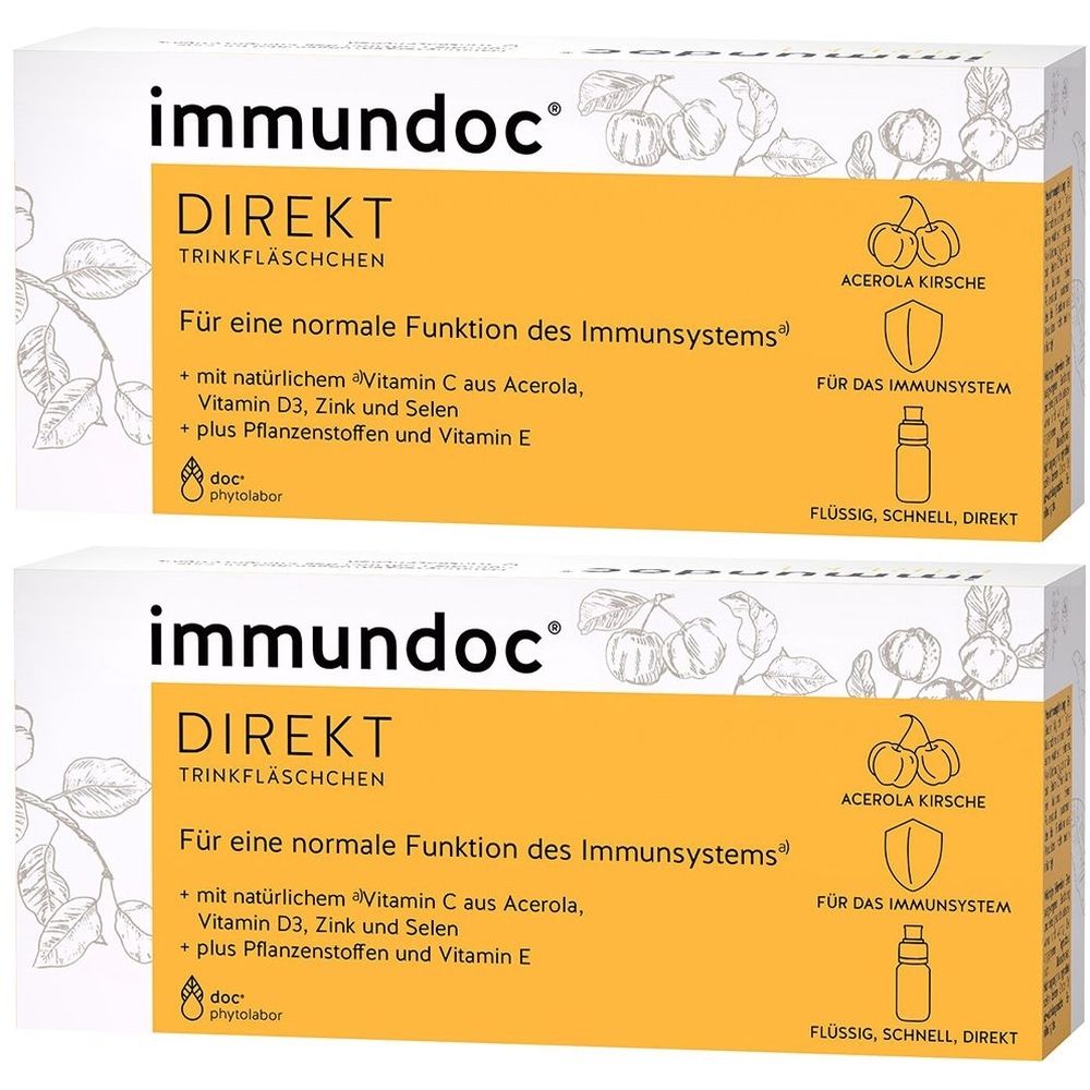 Zwei Kartons immundoc® DIREKT Trinkfläschchen. Gelbe Verpackung mit Produktnamen, Kirschabbildung und Text. Flüssig, schnell, direkt.