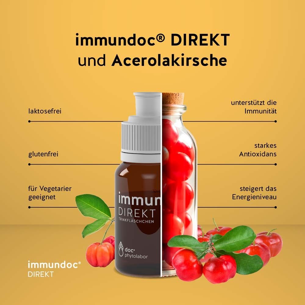 Geöffnete Flasche immundoc® DIREKT mit Acerola-Kirschen. Text: laktosefrei, glutenfrei, für Vegetarier geeignet. Unterstützt Immunität.