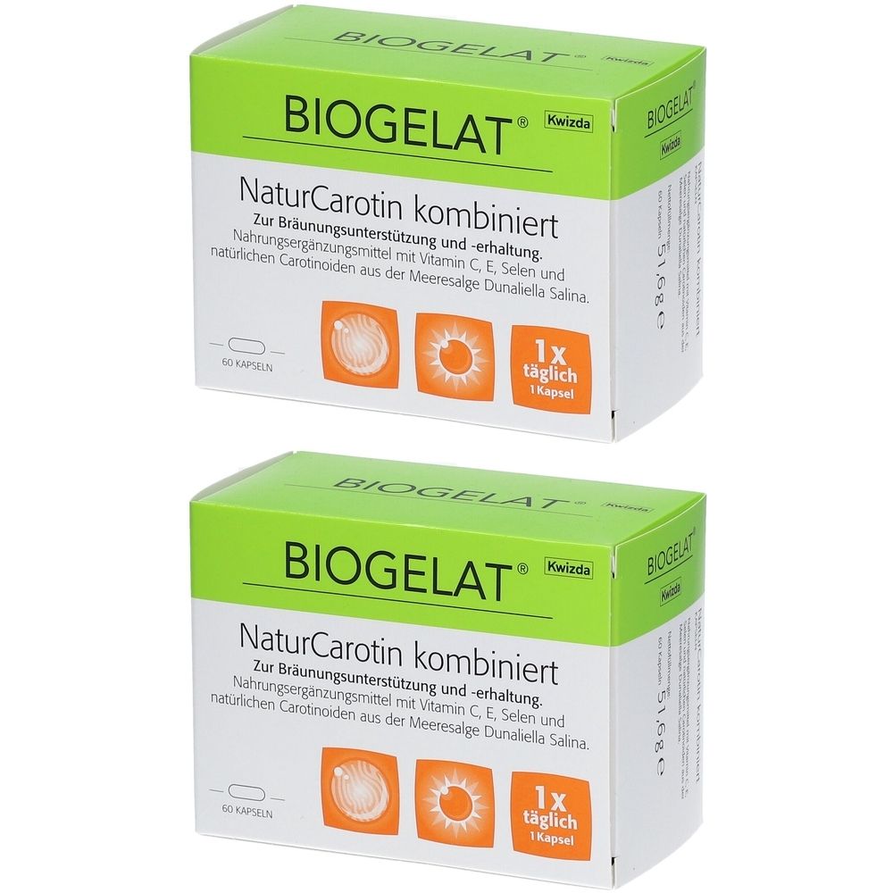 Zwei Schachteln BIOGELAT® NaturCarotin. Grün-weiße Verpackung mit Produktinformationen und Logos. Aufschrift: NaturCarotin kombiniert.