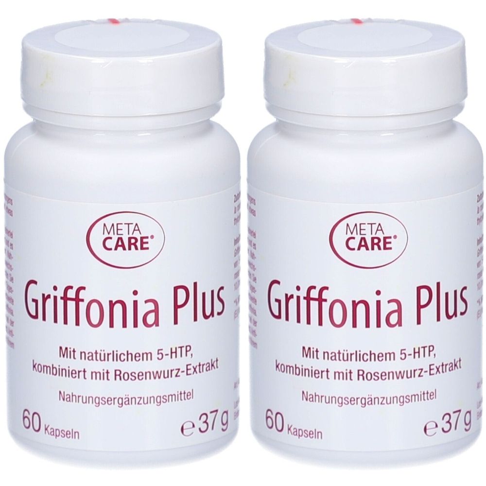 Zwei weiße Flaschen mit roter Schrift. Aufschrift: META CARE Griffonia Plus. Enthält 60 Kapseln. Nahrungsergänzungsmittel.