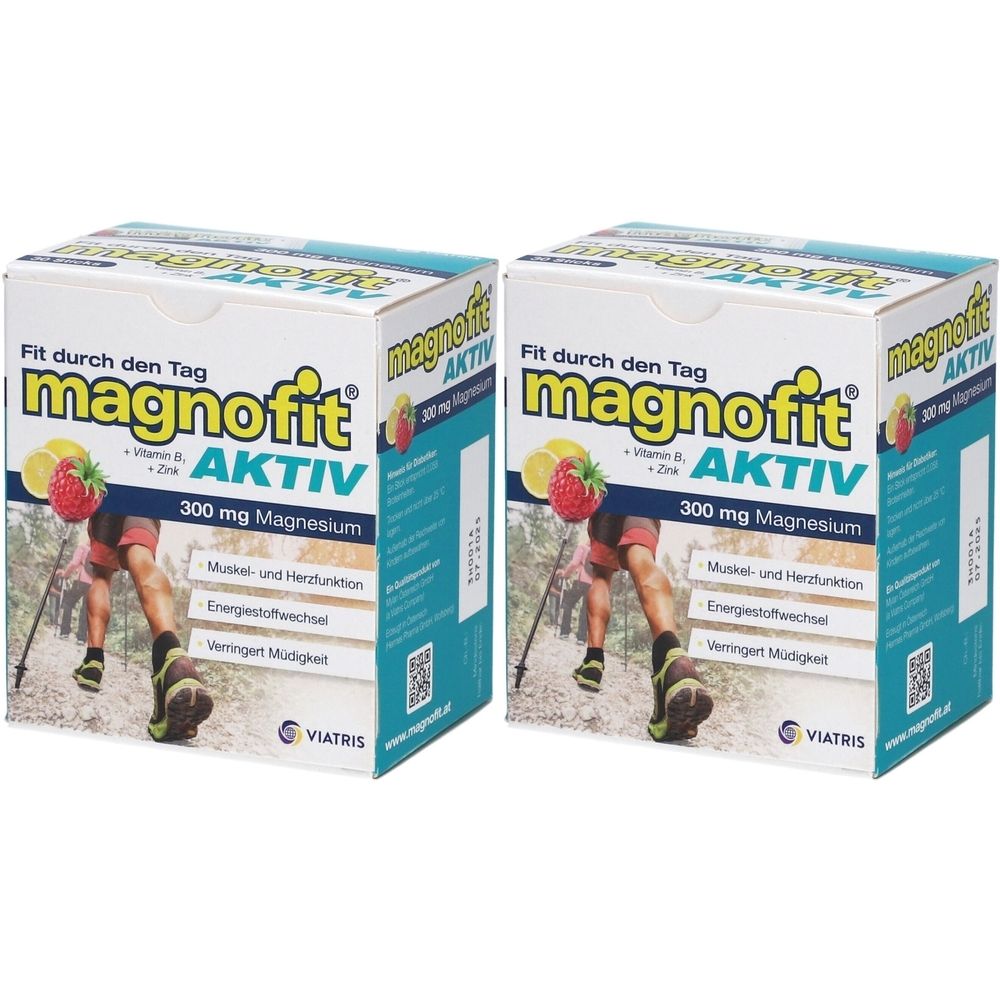 Zwei Kartons Magnofit Aktiv. Aufdruck: 300 mg Magnesium, Muskel- und Herzfunktion, Energiestoffwechsel, verringert Müdigkeit. Logo Viatris.