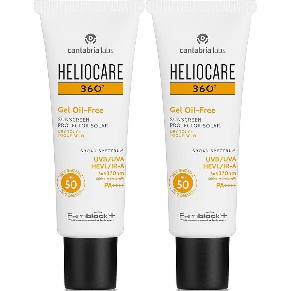 Zwei Tuben HELIOCARE 360° Gel Oil-Free. Weiße Tuben mit schwarzem Verschluss. Text: Sonnenschutz, SPF 50.