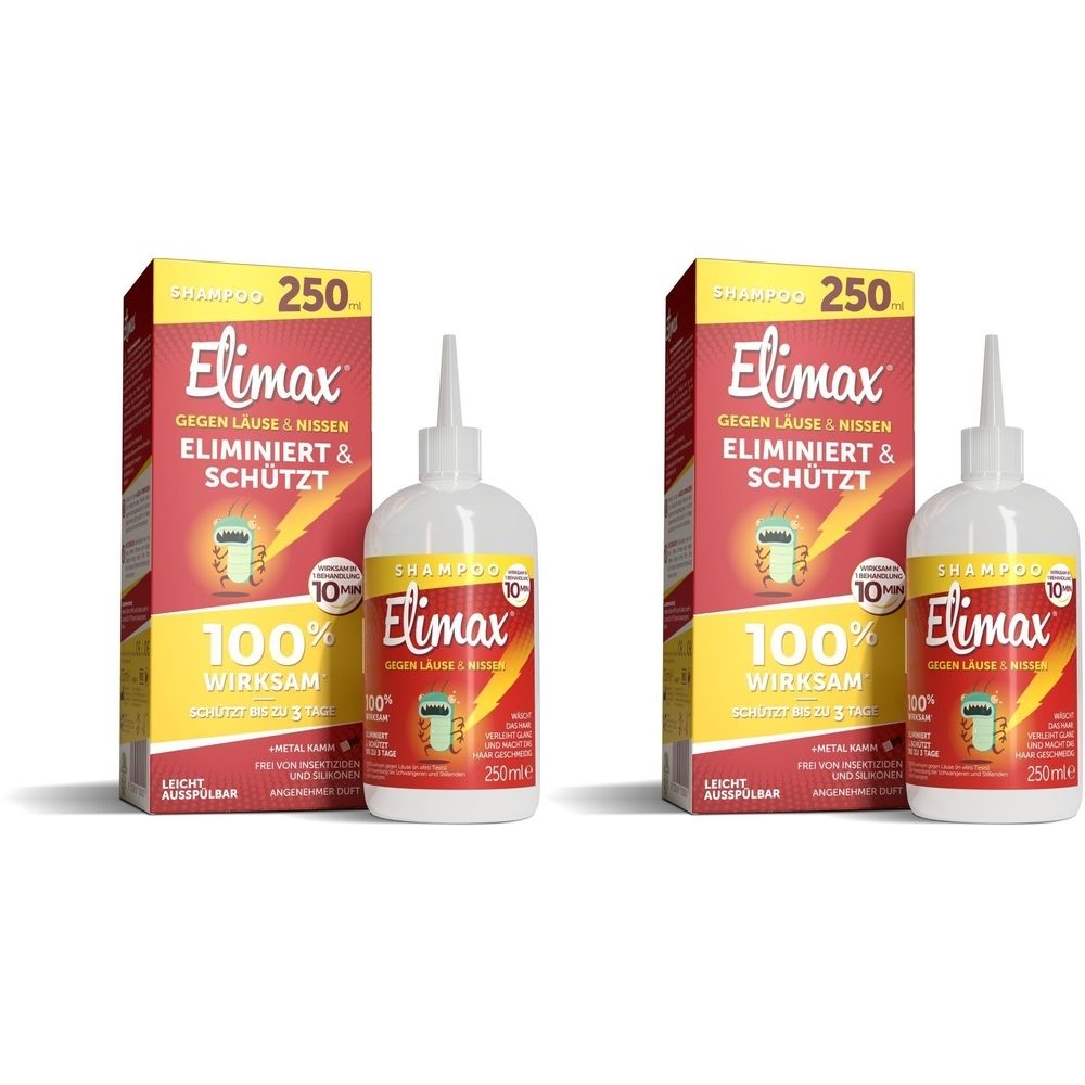 Zwei Elimax Anti-Laus Shampoo-Packungen und Flaschen. Rote und gelbe Verpackung mit Produktnamen und Text. Weiße Flaschen mit Dosierspitze.