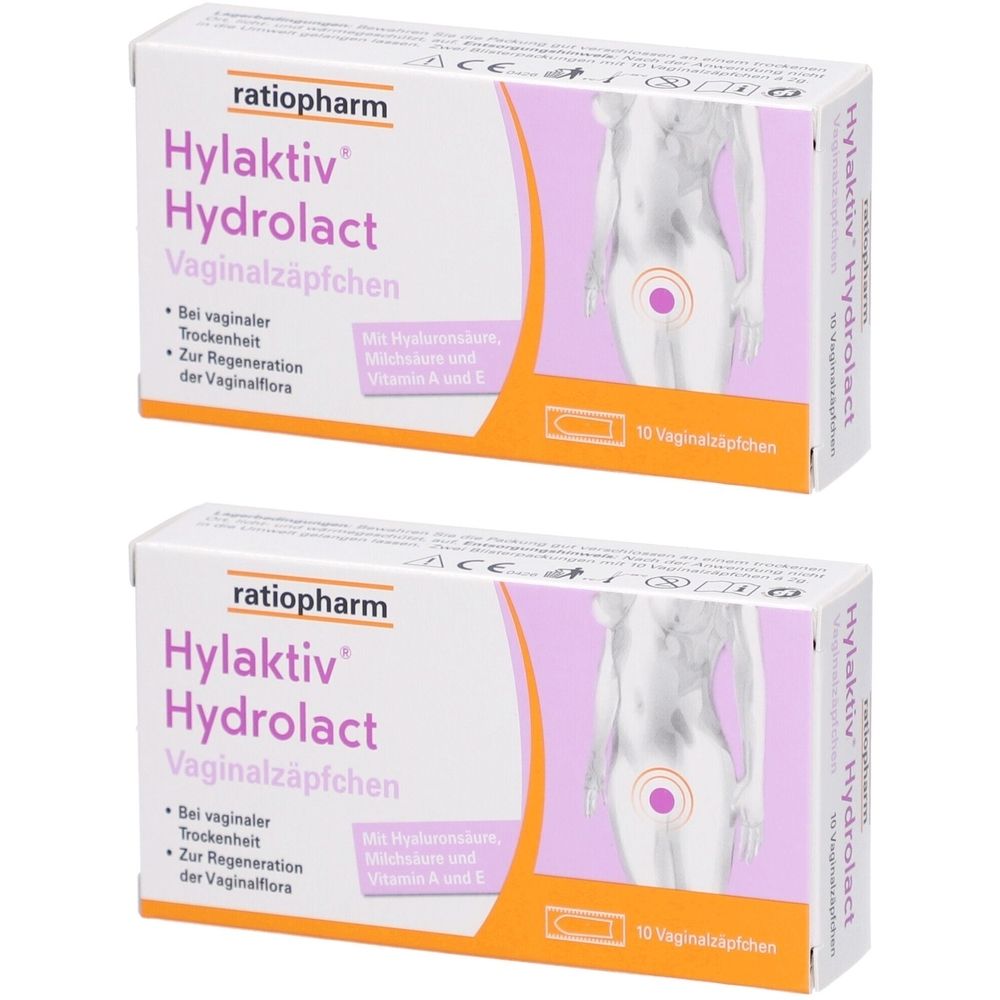 Zwei Schachteln Hylaktiv Hydrolact Vaginalzäpfchen. Aufdruck: ratiopharm, Produktname, Hinweise, 10 Zäpfchen. Abbildung einer Frau.