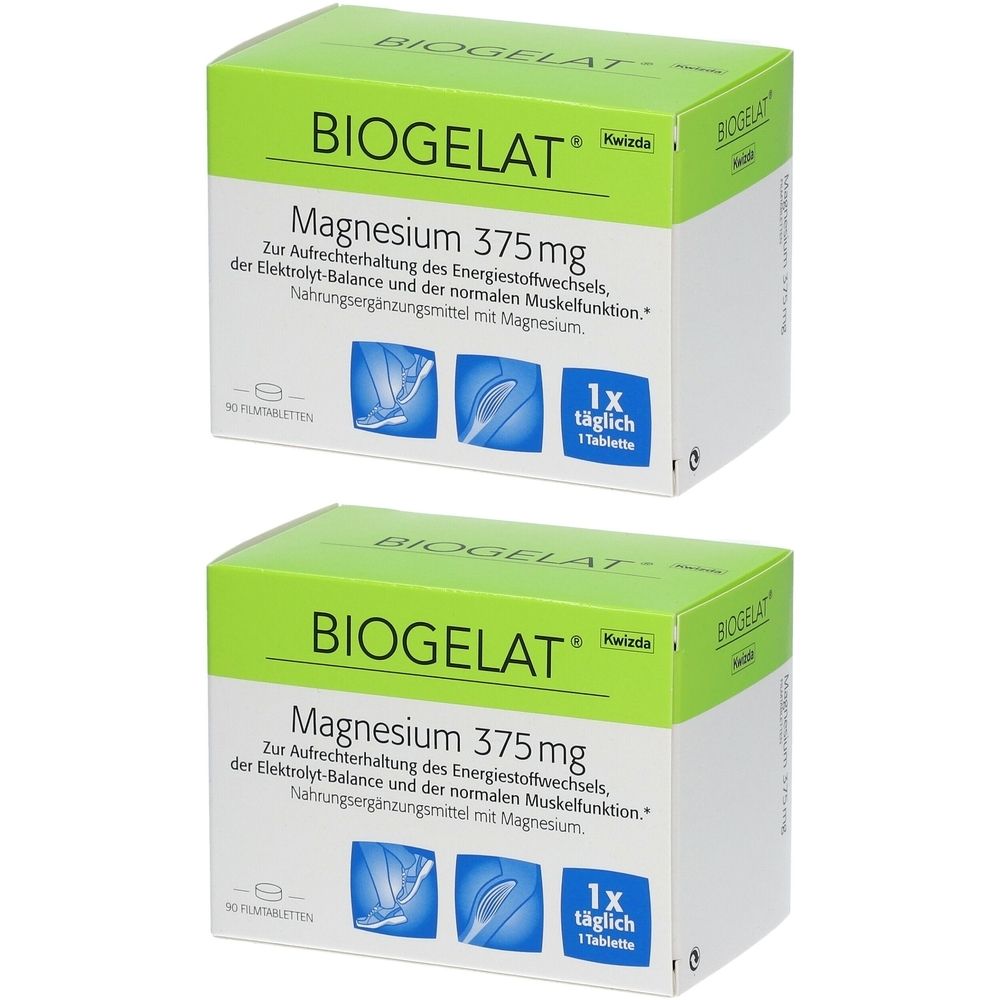 Zwei Schachteln BIOGELAT Magnesium 375 mg. Grün-weiße Verpackung mit Produktinformationen und Logo. Aufschrift: 1x täglich 1 Tablette.