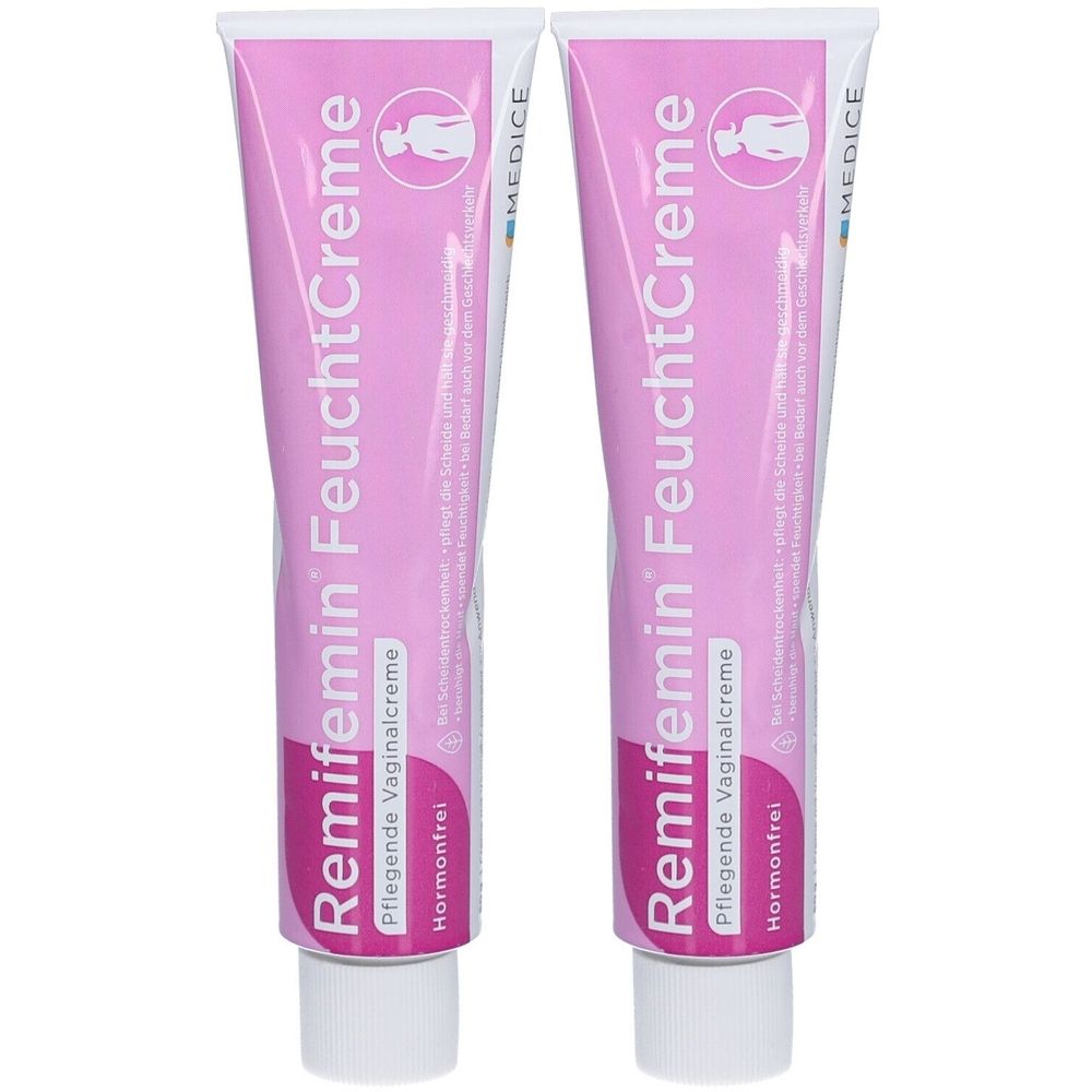 Zwei Tuben Remifemin FeuchtCreme. Rosa Tuben mit weißem Verschluss. Aufschrift: Pflege Vaginalcreme, Hormonfrei.
