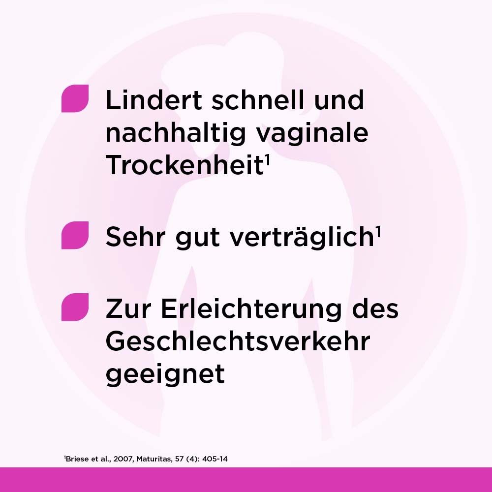 Infografik mit Text: Lindert vaginale Trockenheit, sehr gut verträglich, geeignet für Geschlechtsverkehr.