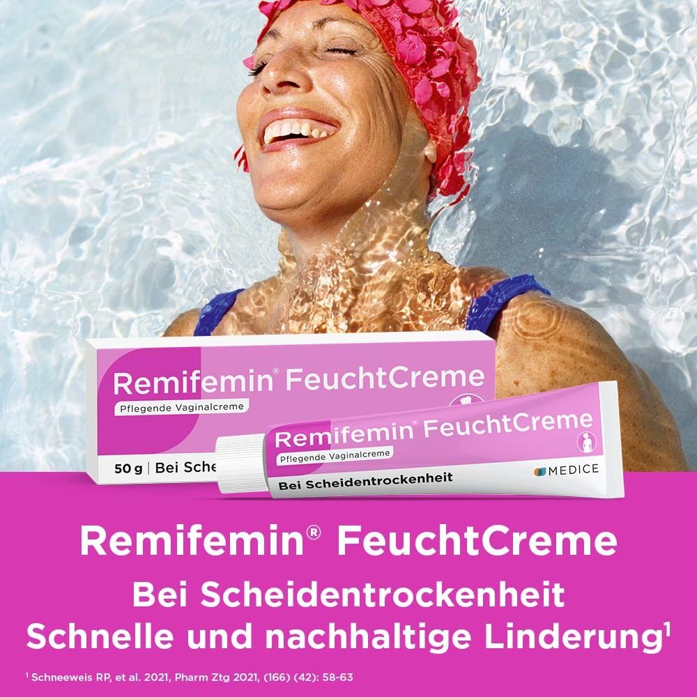 Frau im Schwimmbad. Produktabbildung von Remifemin FeuchtCreme. Text: Bei Scheidentrockenheit.