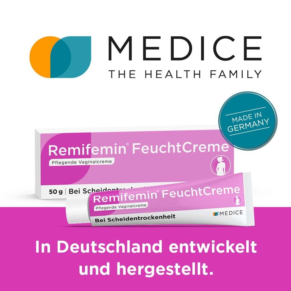 Produktabbildung von Remifemin FeuchtCreme. Verpackung und Tube. Text: In Deutschland entwickelt und hergestellt.