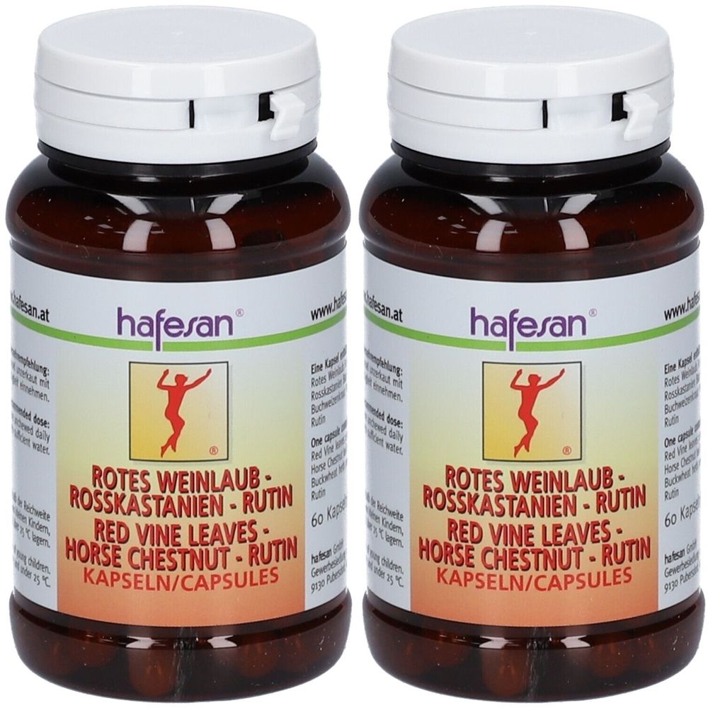 Zwei braune Flaschen mit weißen Deckeln. Aufschrift: hafesan, Rotes Weinlaub, Rosskastanien, Rutin, Kapseln. Logo: rote Figur.