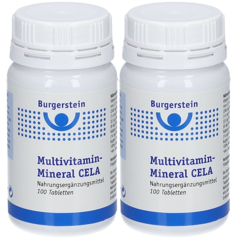 Zwei weiße Flaschen mit Schraubverschluss. Aufschrift: Burgerstein, Multivitamin-Mineral CELA, Nahrungsergänzungsmittel, 100 Tabletten.