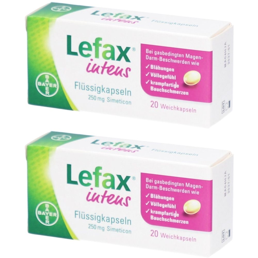 Zwei Schachteln Lefax intens Flüssigkapseln. Weiße Verpackung mit grünen und pinken Akzenten. Bayer-Logo. Text: Blähungen, Völlegefühl.