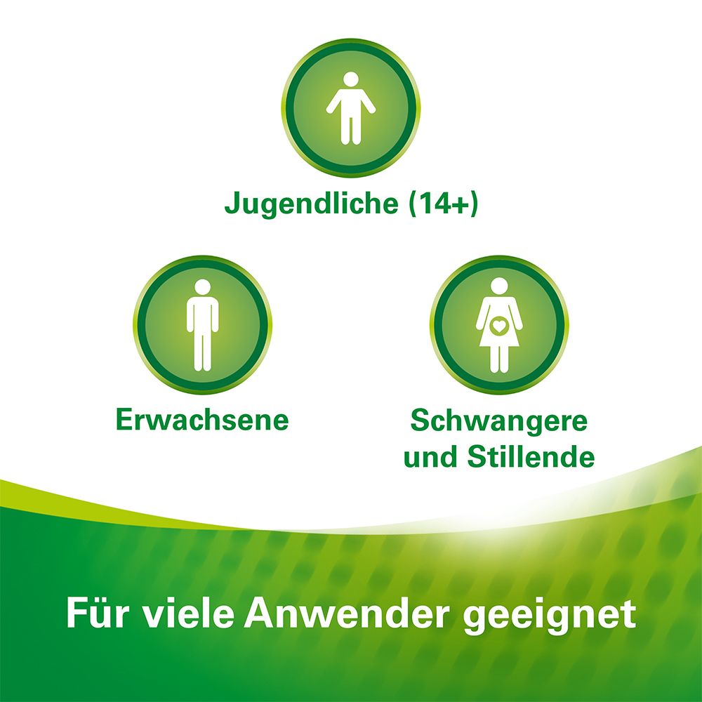 Grafik mit Personen. Text: Jugendliche (14+), Erwachsene, Schwangere und Stillende. Für viele Anwender geeignet.