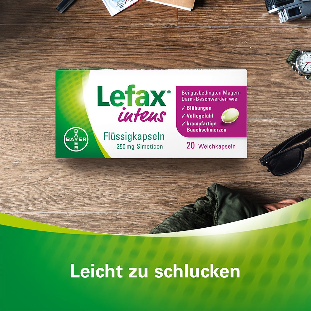 Packung Lefax® intens Flüssigkapseln auf Holzuntergrund. Text: 20 Weichkapseln. Leicht zu schlucken.