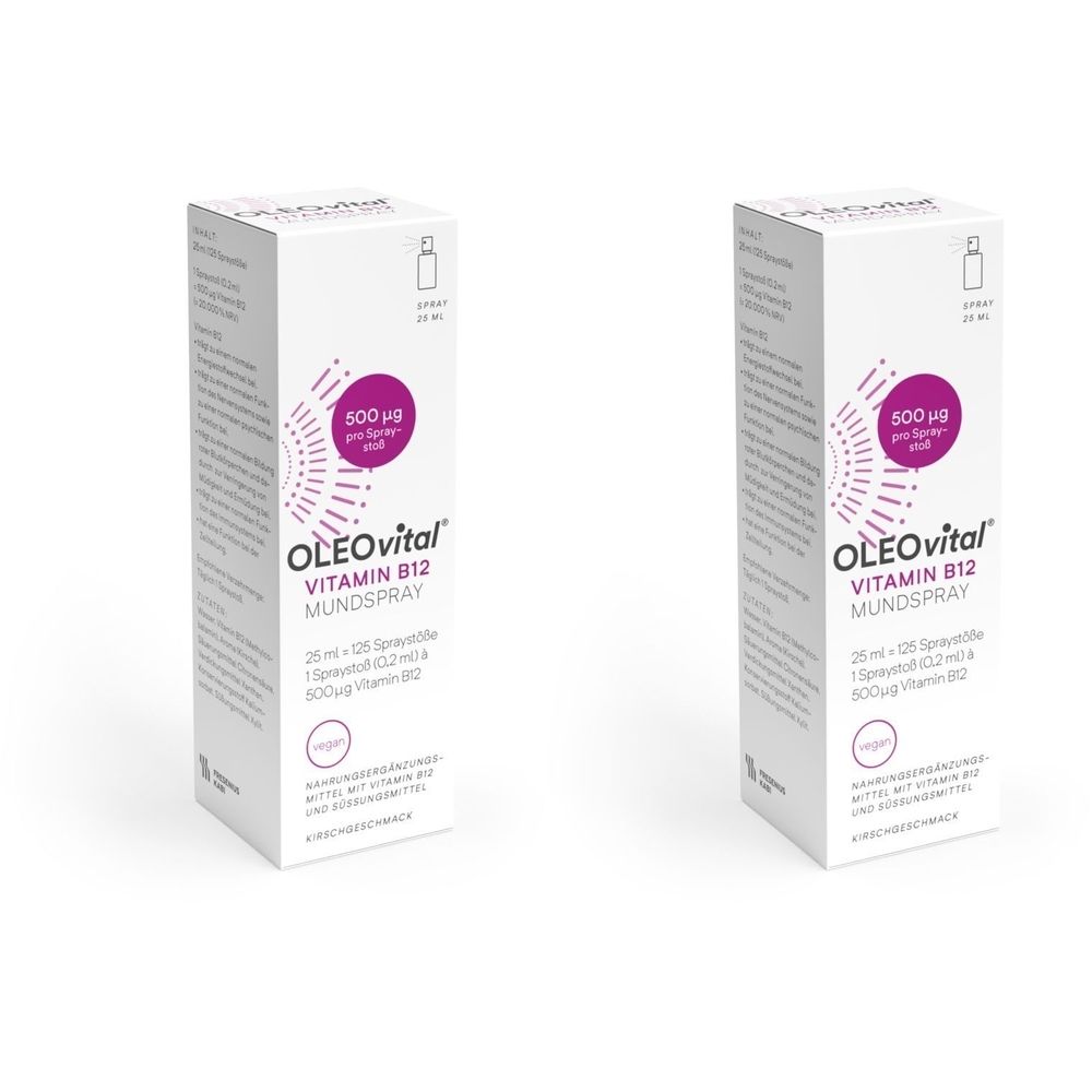Zwei weiße Kartons mit OLEOvital Vitamin B12 Mundspray. Aufschrift: 500 µg pro Sprühstoß. Flaschensymbol.