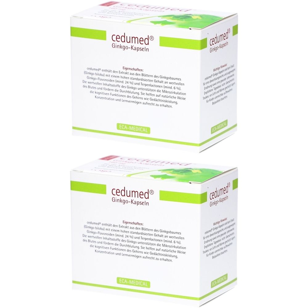 Zwei weiße Kartons mit grünem Akzent. Aufschrift: cedumed® Ginkgo-Kapseln. Text in deutscher Sprache. Eckige Form.