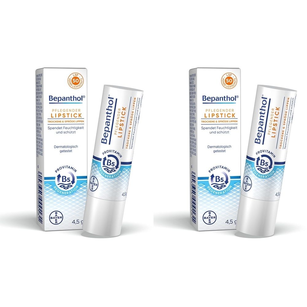 Zwei Lippenstifte und Verpackungen. Aufschrift: Bepanthol Pflegender Lippenstift mit UV-Schutz. 4,5 g. Mit B5.
