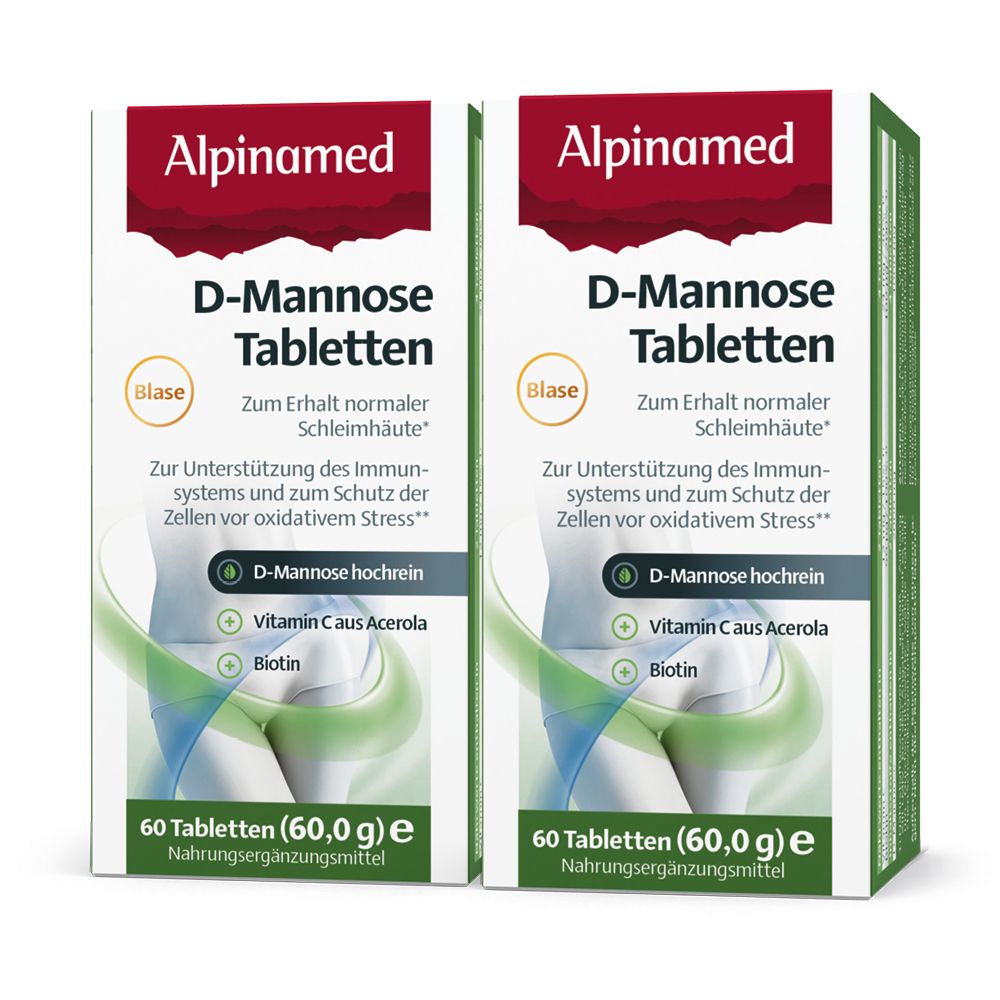 Zwei Schachteln Alpinamed D-Mannose Tabletten. Weiße Schachteln mit grünen und roten Akzenten. Aufschrift: D-Mannose Tabletten, 60 Tabletten.