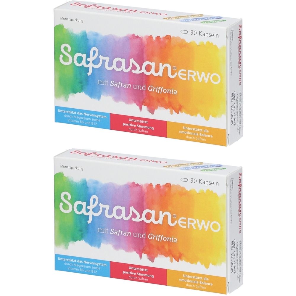 Zwei Schachteln Safrasan ERWO. Weiße Verpackung mit farbigem Hintergrund. Text: Safrasan ERWO, mit Safran und Griffonia. 30 Kapseln.
