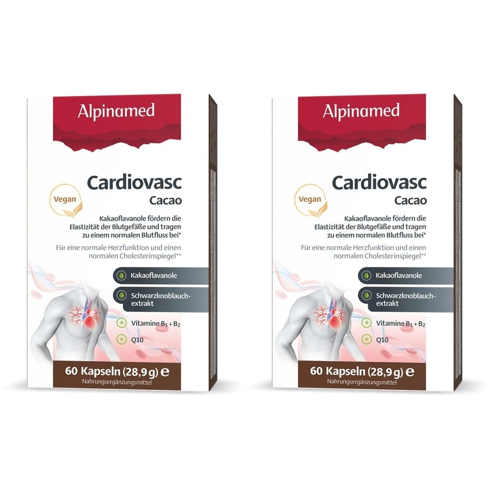 Zwei Kartons mit Alpinamed Cardiovasc Cacao. Aufschrift: 60 Kapseln. Vegan-Siegel. Enthält Kakaoflavanole, Schwarzknoblauch.